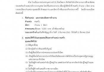 ประกาศโรงเรียนราชประชานุเคราะห์ 55 จังหวัดตาก เรื่อง การรับสมัครบุคคลจ้างเหมารายบุคคลตำแหน่ง คนครัว